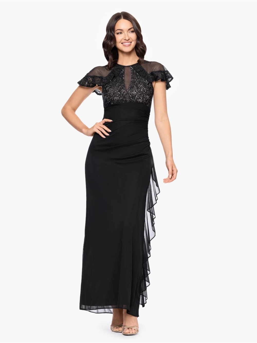 BA Nites Sheer Matte Jersey Gown with Short Lace Sleeves Size 4